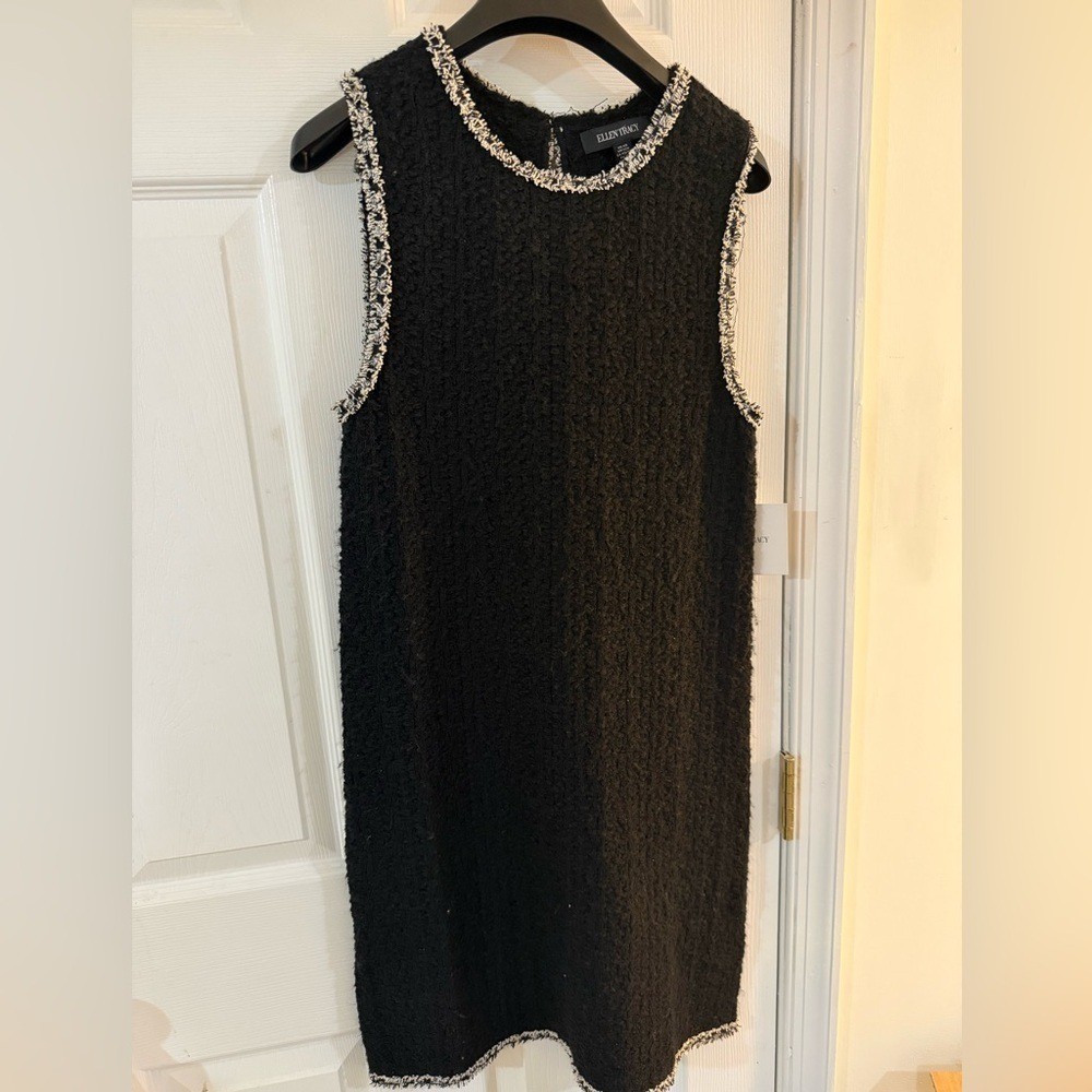 NWT Ellen Tracy Black Textured Bouclé Sheath Dress Silver Trim