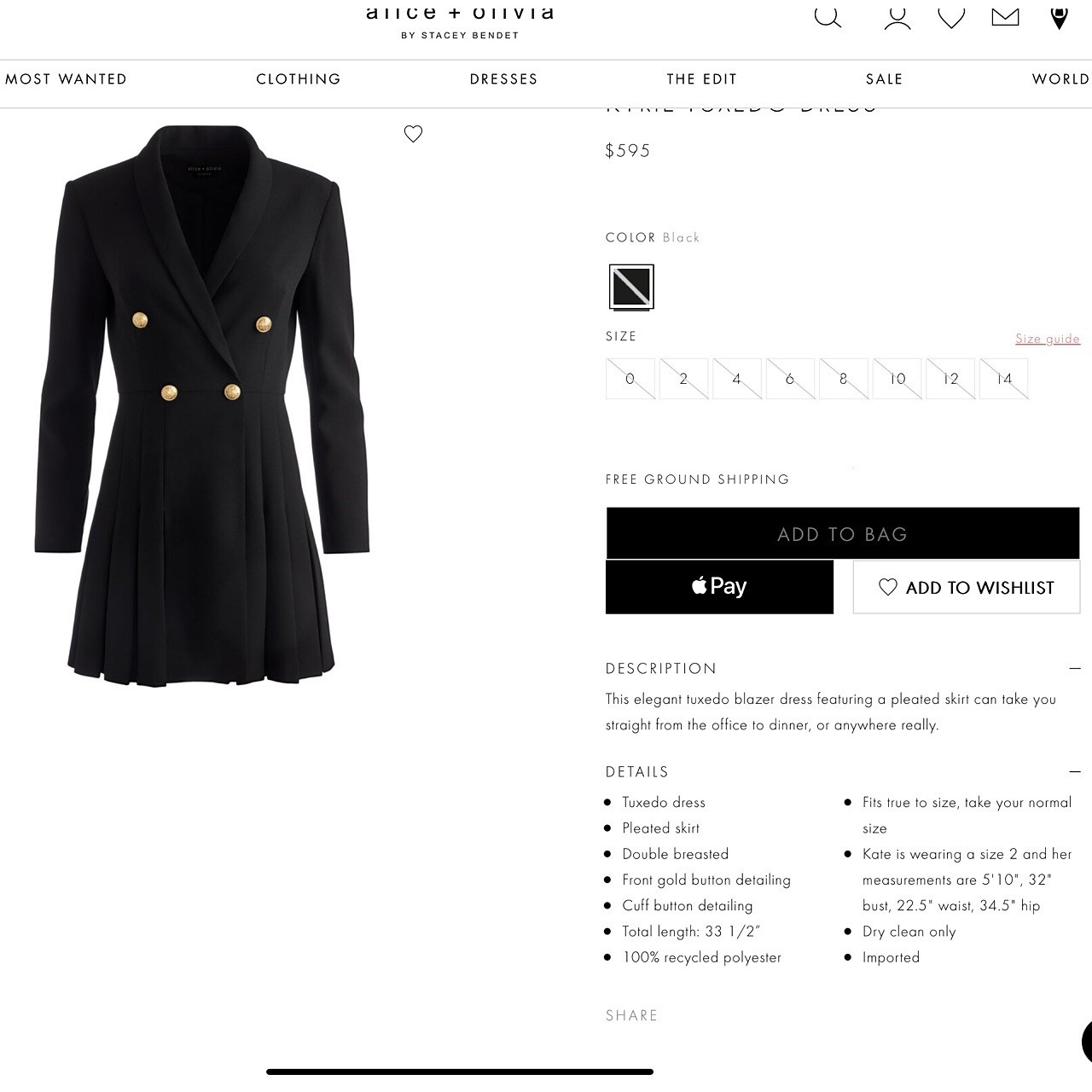 Alice + Olivia Kyrie Black Tuxedo Pleated Mini Dress SIZE 14