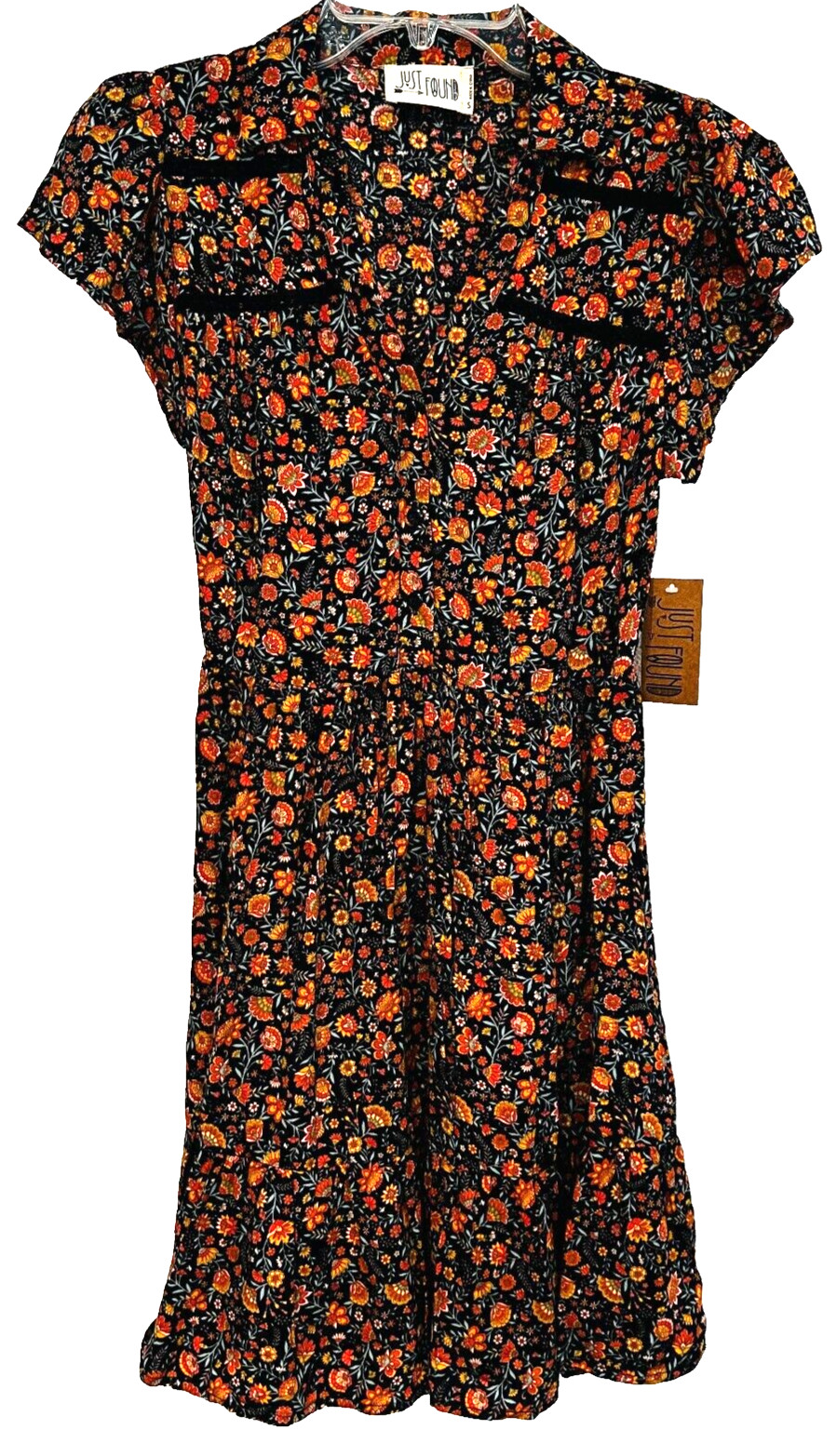 NWT Just Found Floral Dress MultiColor Cap Sleeves Ruffle Hem V-Neck Size Small