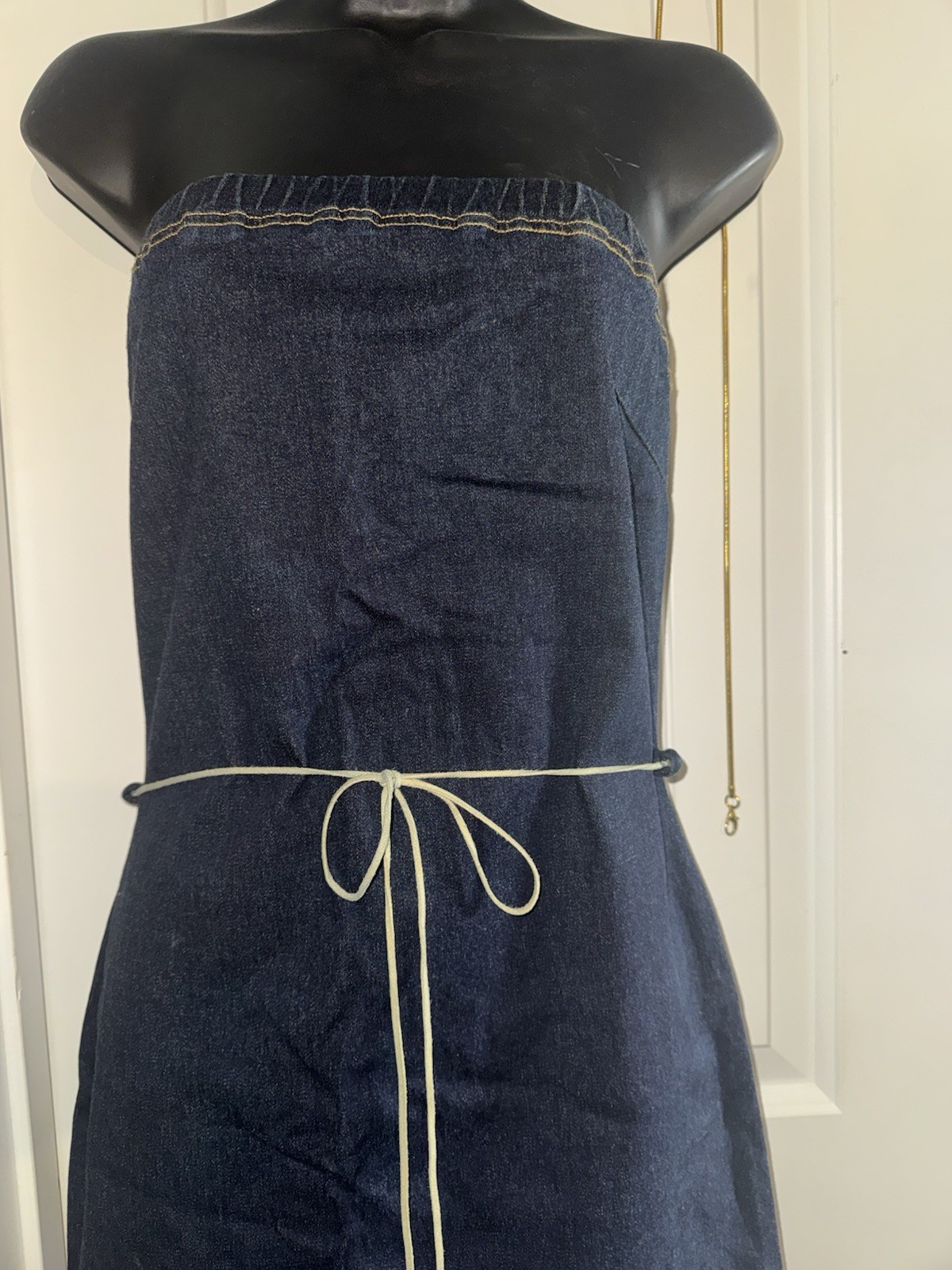 Vintage 90s Denim Western Strapless Fringe Hi Low Jean Dress Size S