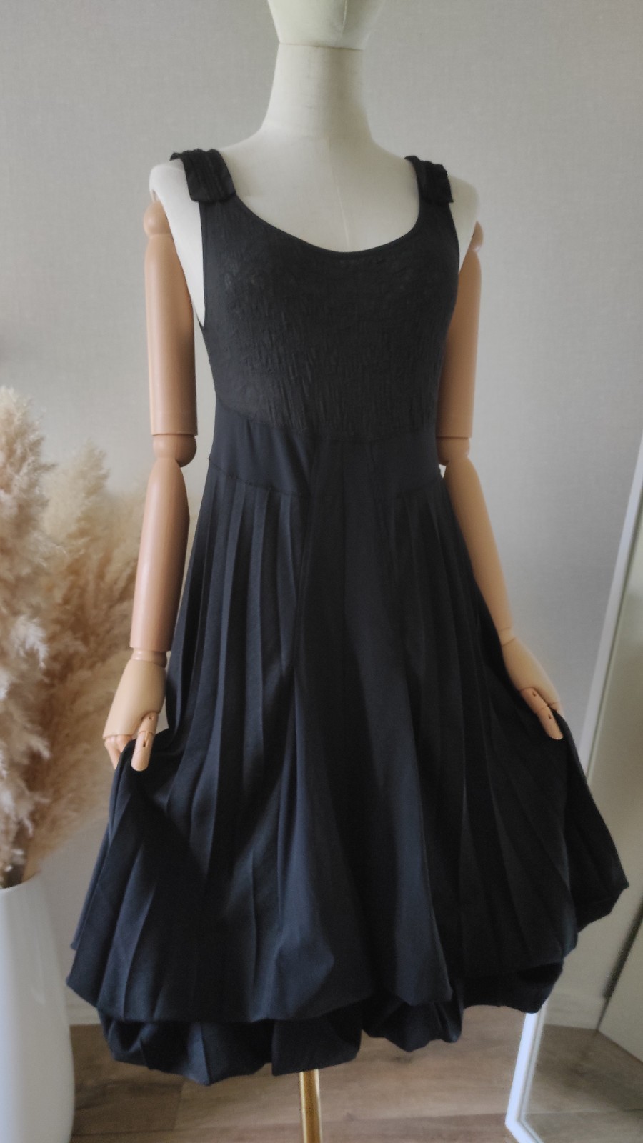 Deca Paris Black Bubble Hem Dress Pleated Avant Garde Lagenlook Sz 1 S Small