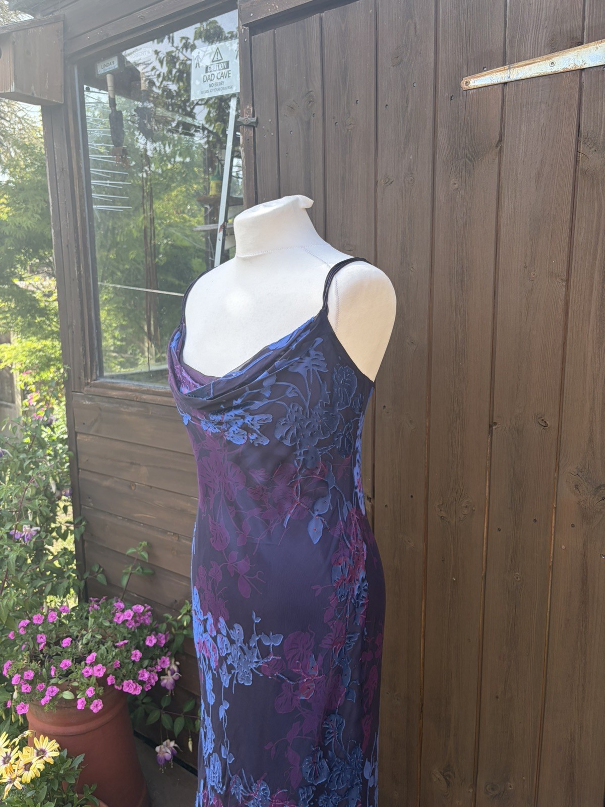 Y2k Monsoon purple blue silk devore cowl neck maxi evening wedding dress size 12