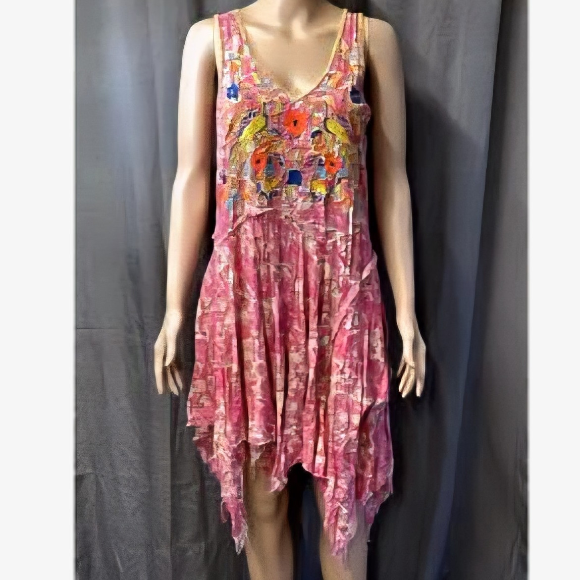 Ivy Jane Pink/Multicolor Floral Embroidered Sundress V-Neck Asymmetrical Hem XS