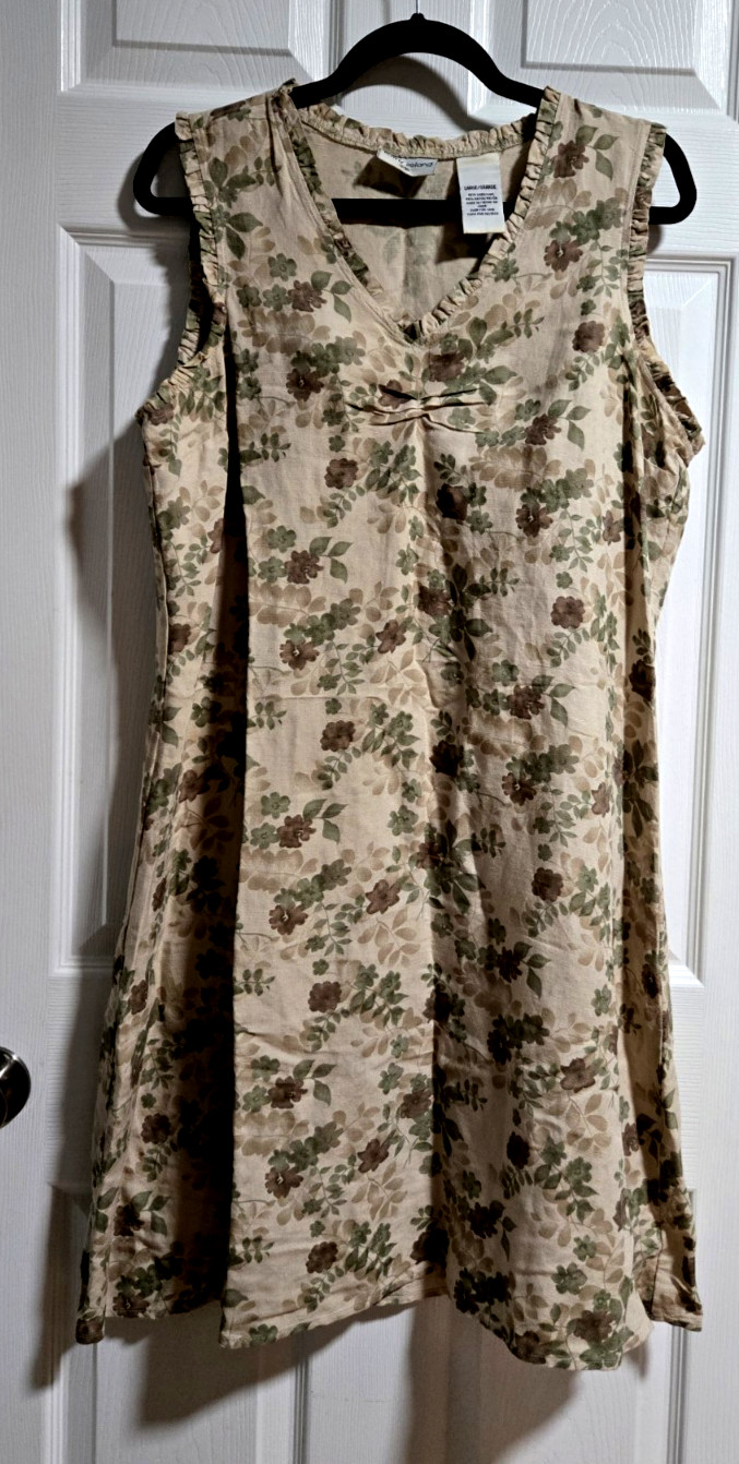 Kathy Ireland Beige/Green Sleeveless Floral Linen Blend Dress;Ruffle V-Neck;Sz L