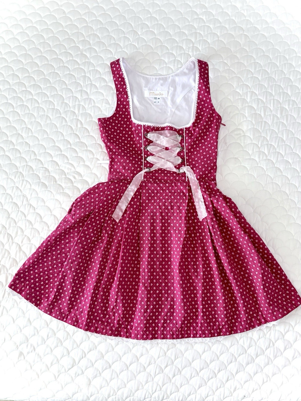 MarJo German Mini Dirndl Dress Red Floral Corset Lace Up Trachten Size EU 36 / S