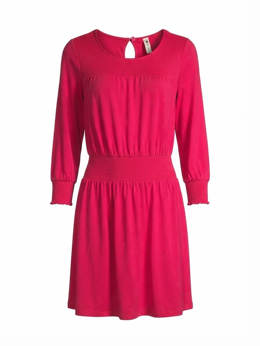 Cable & Gauge Womens Dress Size Medium Fuchsia Pink Smocked Long Sleeve Keyhole