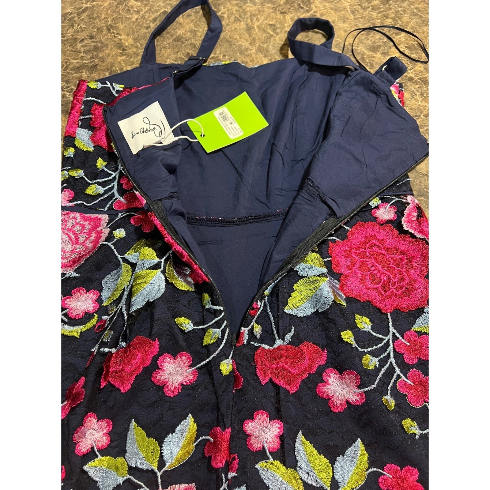 Sam Edelman Peony Embroidery Midi Dress Navy Floral Lace Slit Women 10 Whimsical