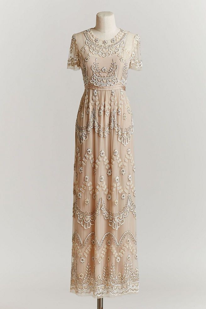 NEEDLE & THREAD Women’s Size 10 Nude Sequins Beads Embellished Overlay Long Gown