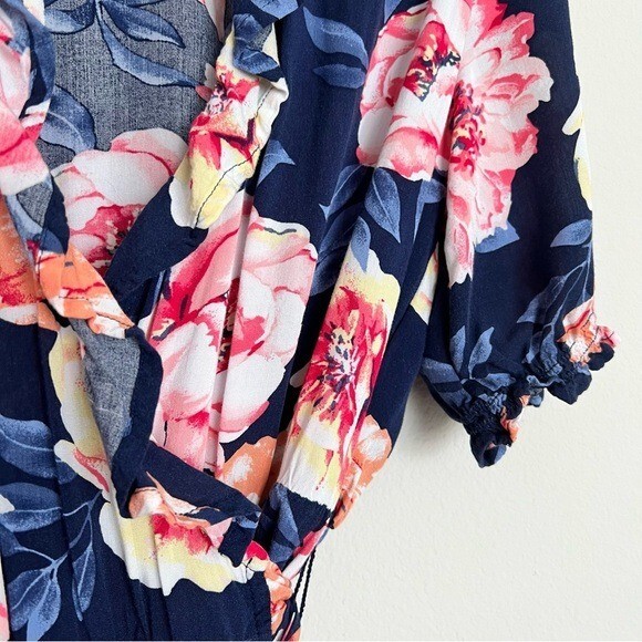 Coquette Hyper Feminine Waist-Defined Ruffle Tie-Belt Wrap Dress Navy Floral XS