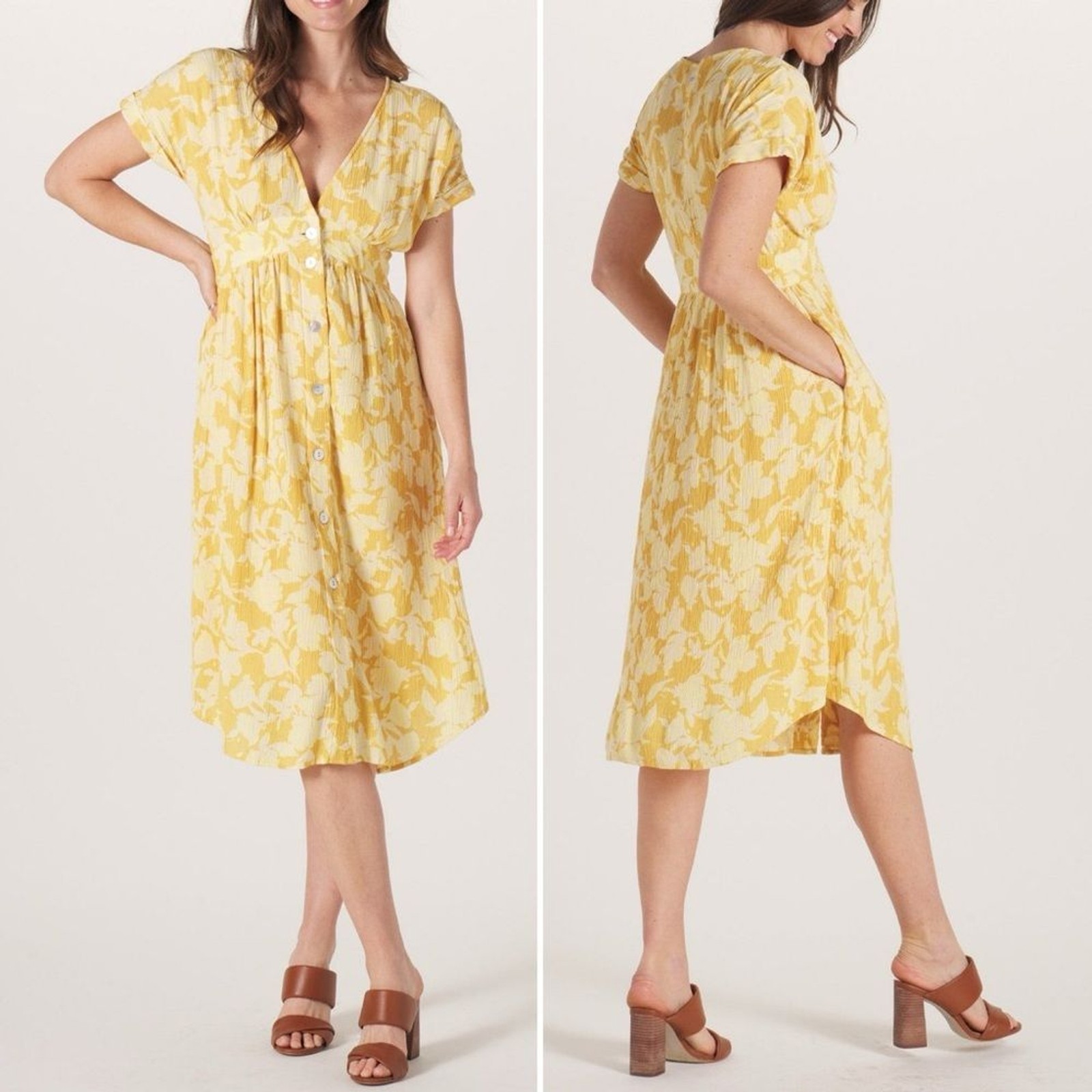 NWT The Normal Brand Ezra Crepe Deep V Button Thru Dress Yellow Size Small NEW