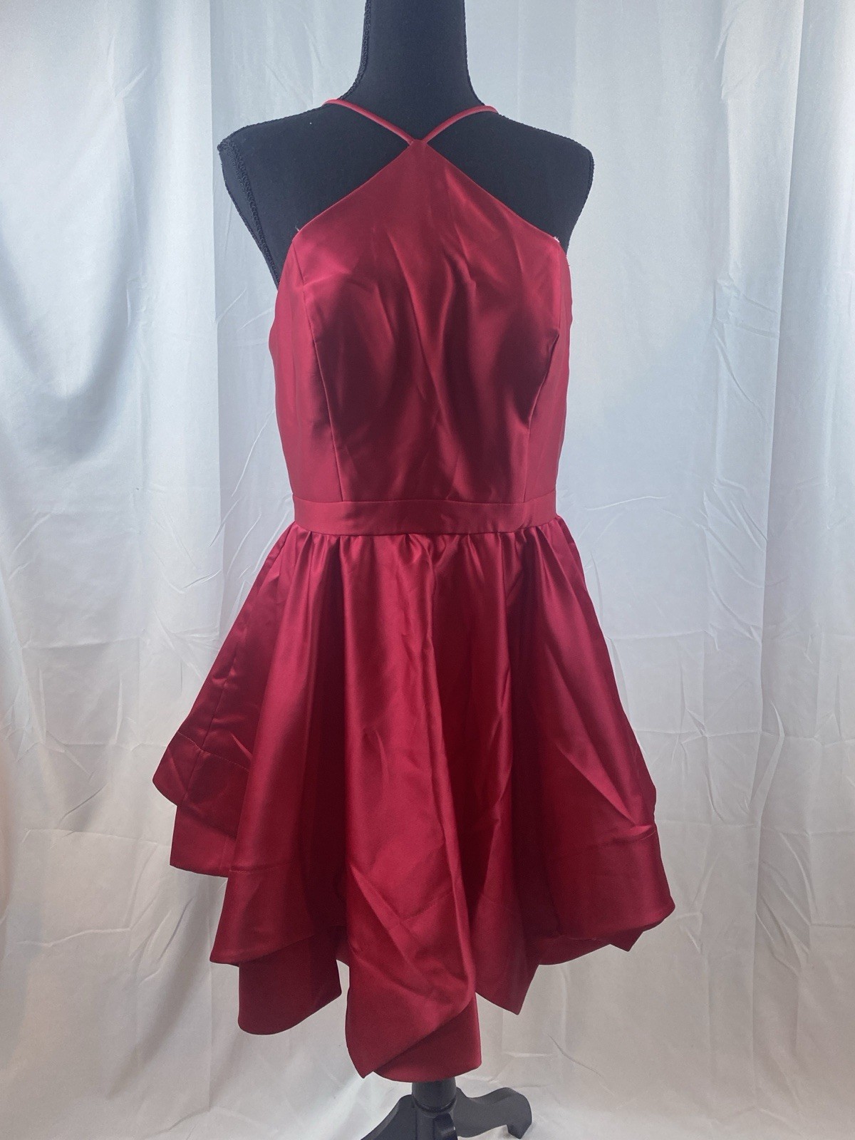 Blondie Nites Juniors Size 9 Red Y Neck Red Satin Fit N Flare Mini Dress Pockets