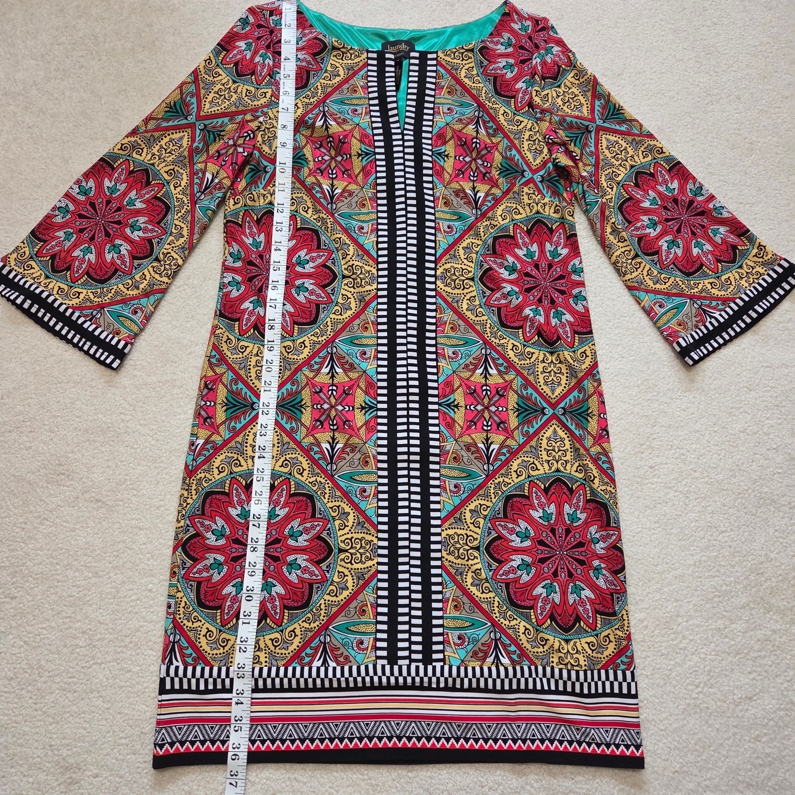 Laundry By Shelli Segal 8 Vibrant Lined Shift Dress Tunic 3/4 Bell Sleeve