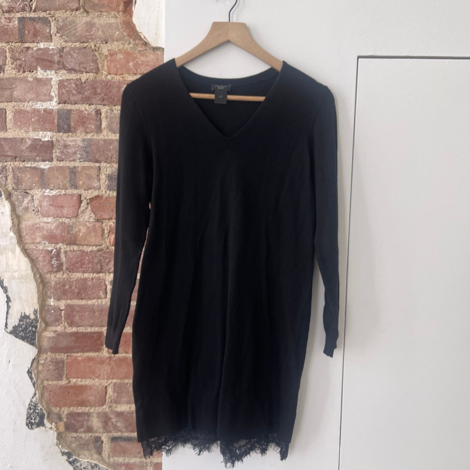 Ann Taylor Factory Petite Black Knit Sweater Dress Eyelash Lace Hem SP Classic