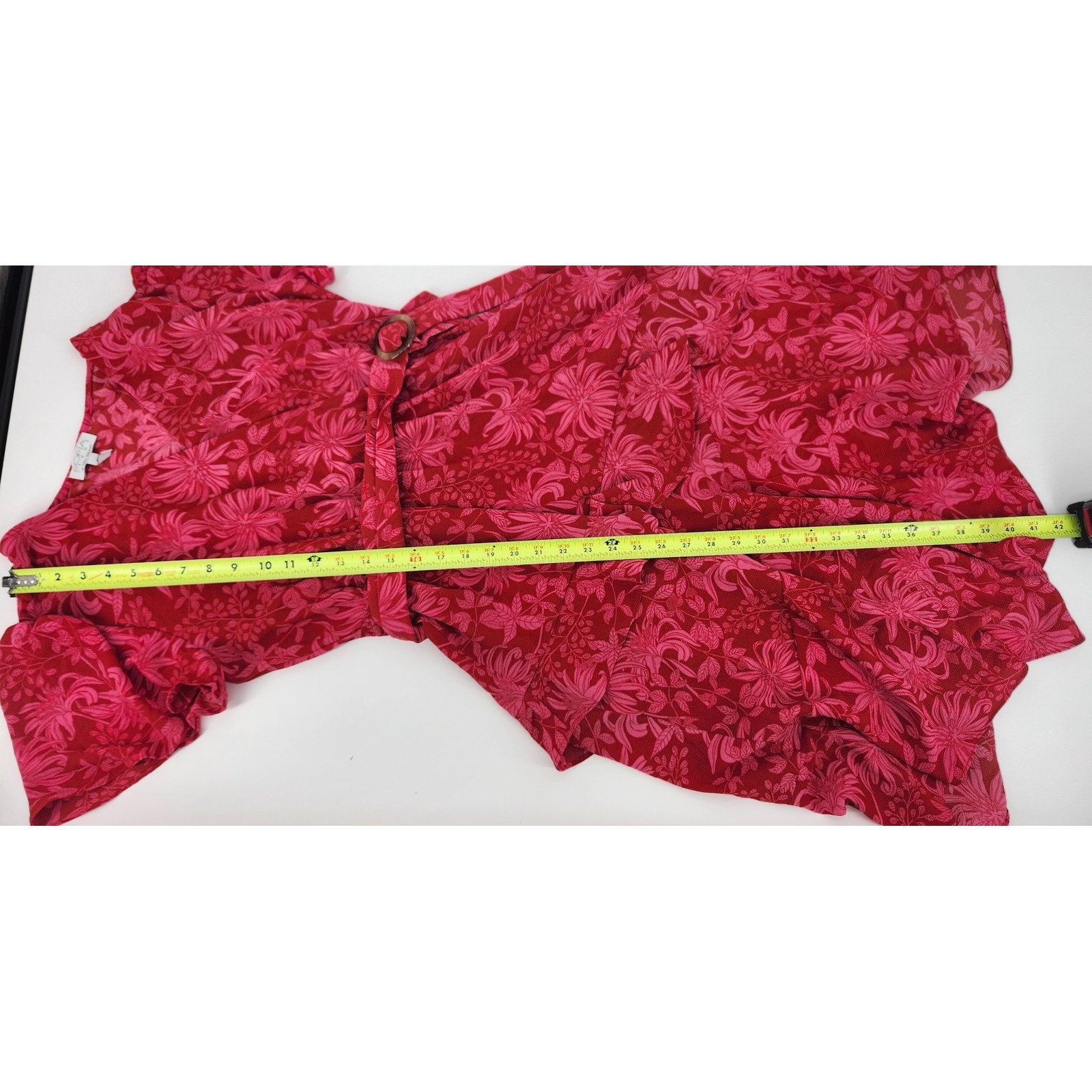 Sofia Jeans by Sofia Vergara Red Pink Floral Wrap Midi Dress Tiered Ruffle M
