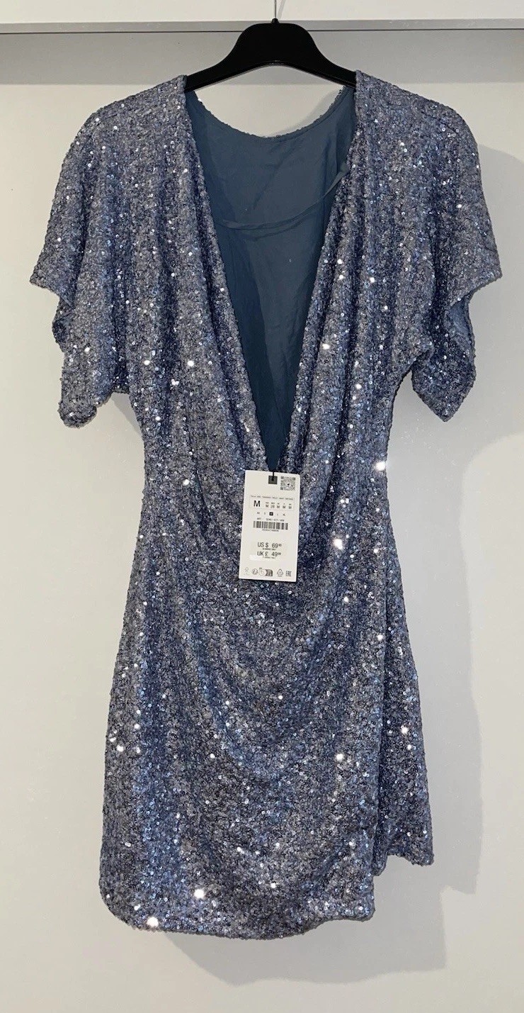 ZARA BLUE GREY SEQUINNED MINI DRESS WITH FLOWING AT BACK NECKLINE SIZE M BNWT