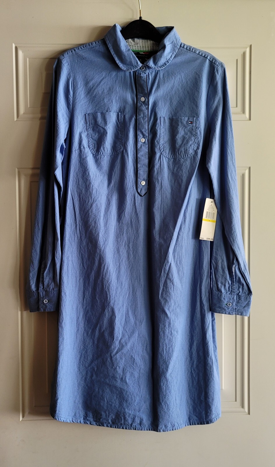 Tommy Hilfiger Women Blue Long Shirt Cotton Dress Buttons w/ Chest Pockets Sz M