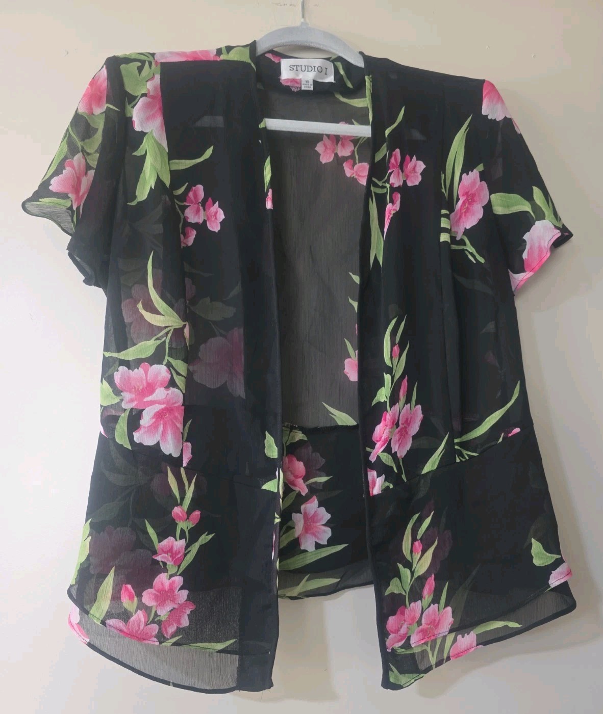 Vtg Studio 1 One Fairy Sheer Tank Maxi Dress Jacket 2pc Blk Pink Floral Sz 10