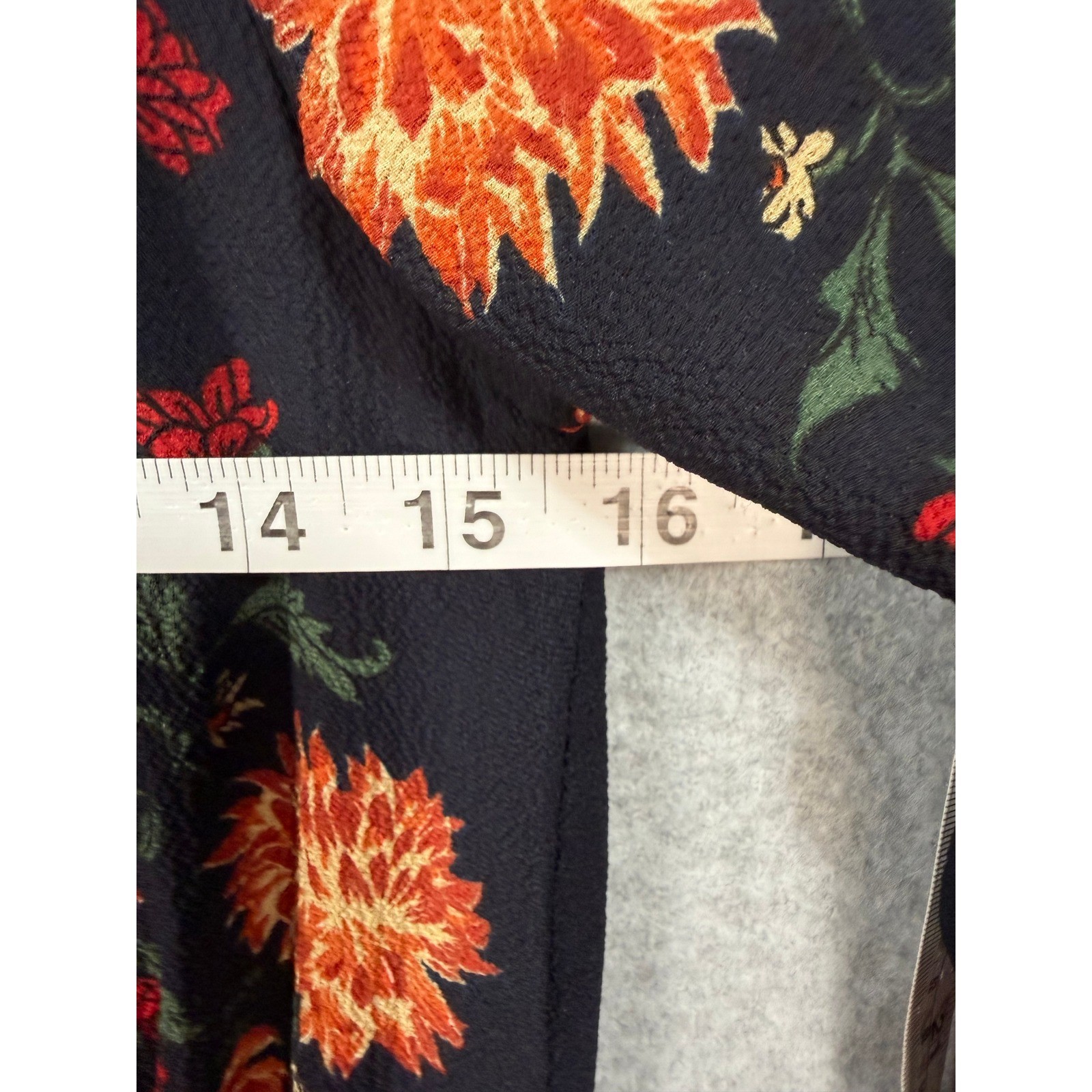 Boho Floral Midi Dress S Navy Orange Peasant Puff Bishop Sleeve Smocked Maxi