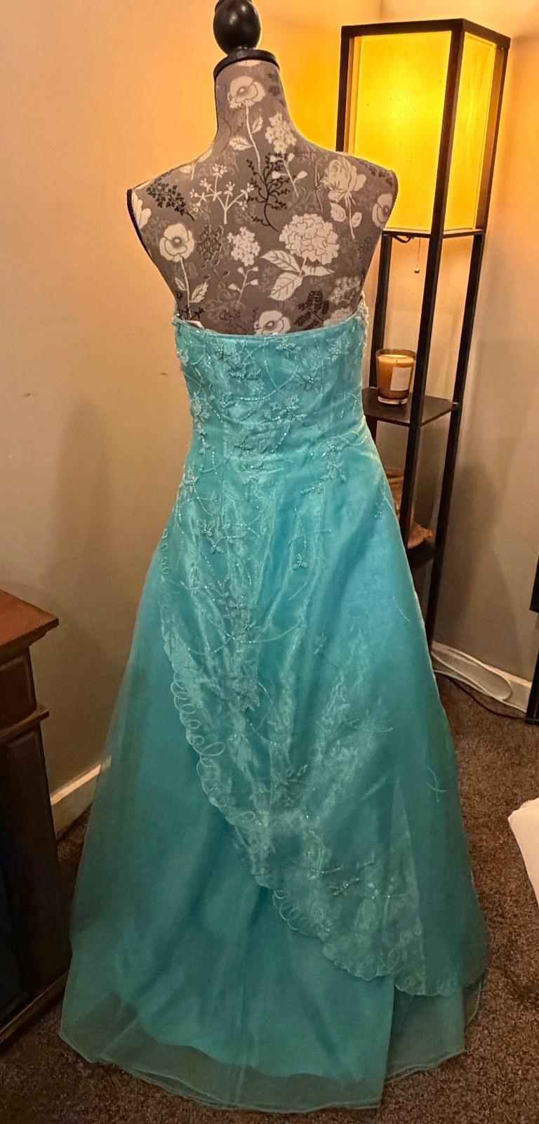 aqua prom dress size 12, halter, strapless, petticoat included, garment bag
