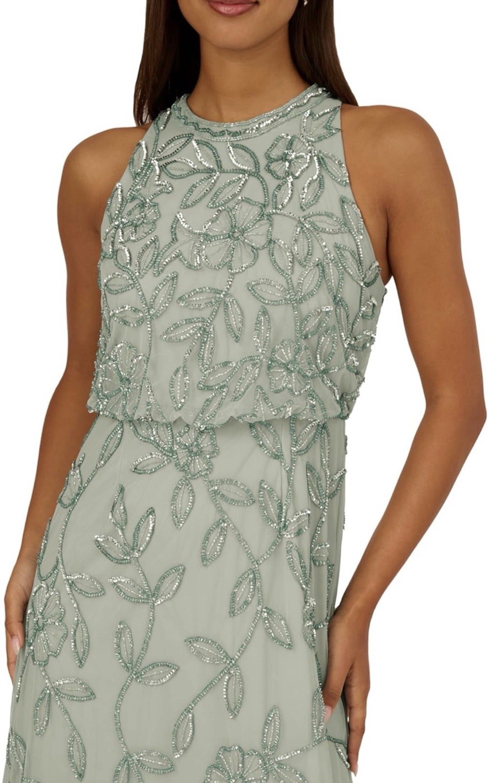 Adrianna Papell Blouson Beaded Long Mermaid Gown Size 14 Aquadust NWT $199