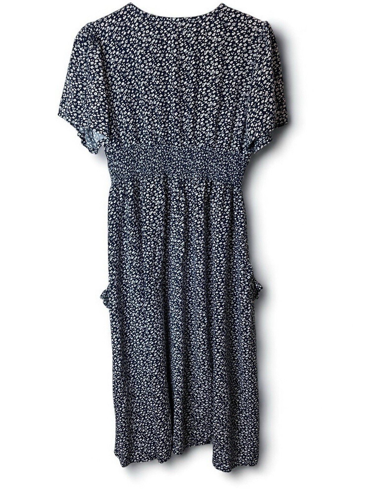 Violet Skies Maxi Dress Size Medium Navy Floral Ruffle Short Sleeve