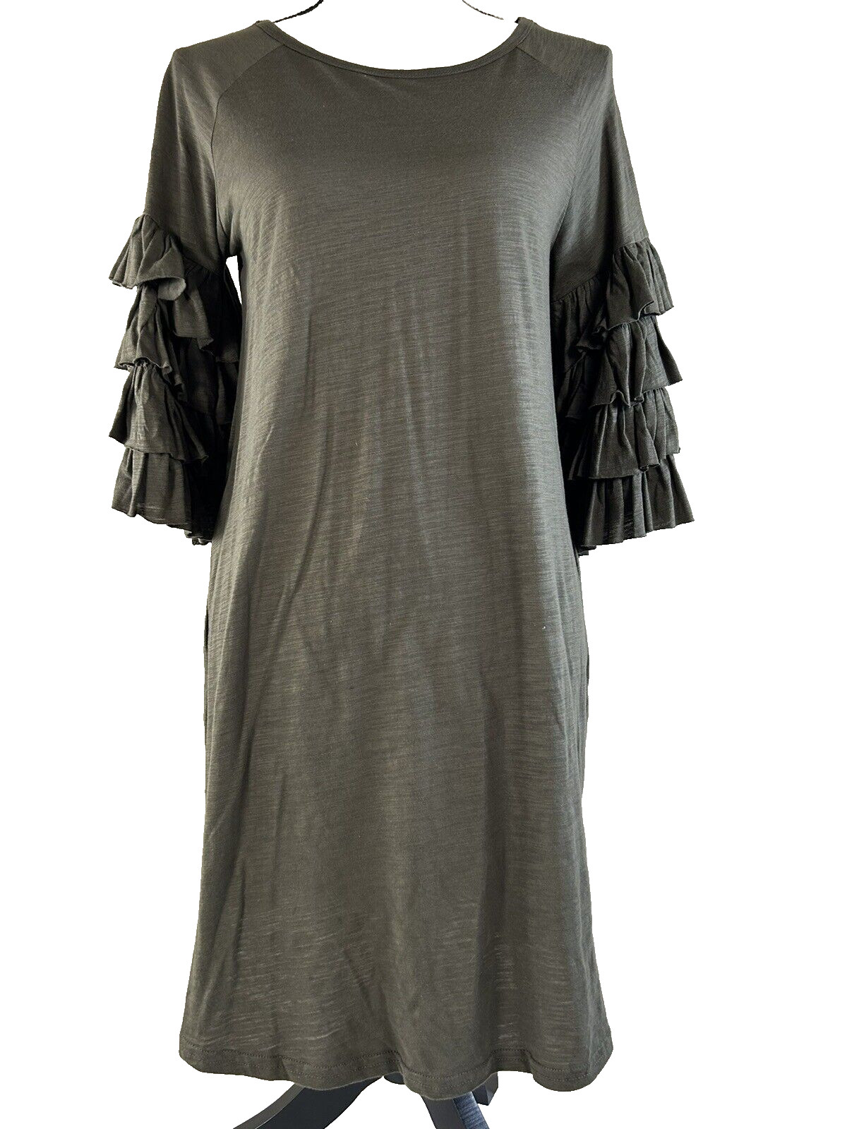 Umgee Dress Knit Tiered 3/4 Ruffle Sleeve Olive Army Green Mimi Pockets S NWT