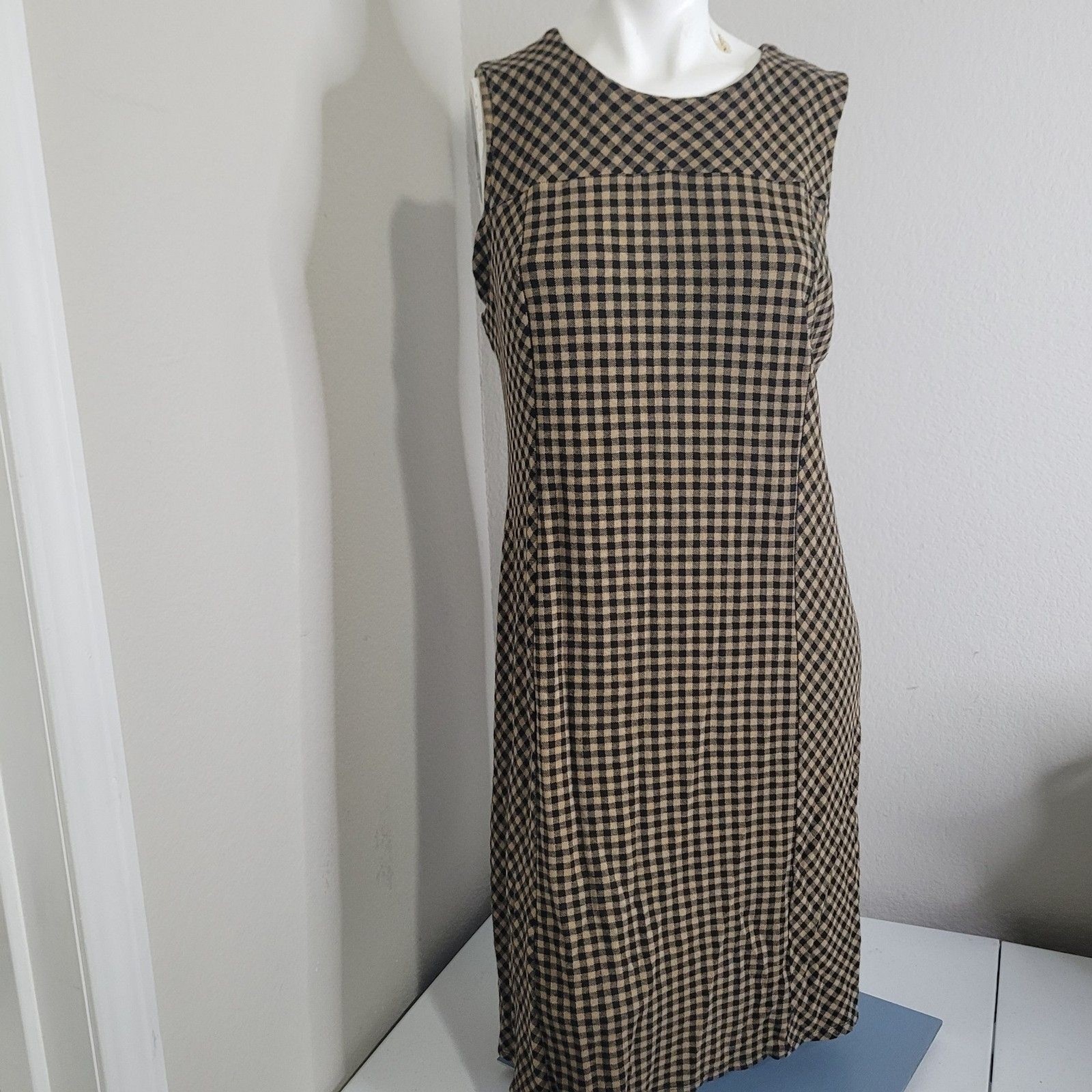 J. Jill Ponte Medium dress gingham stretch sleeveless shift brown crew neck