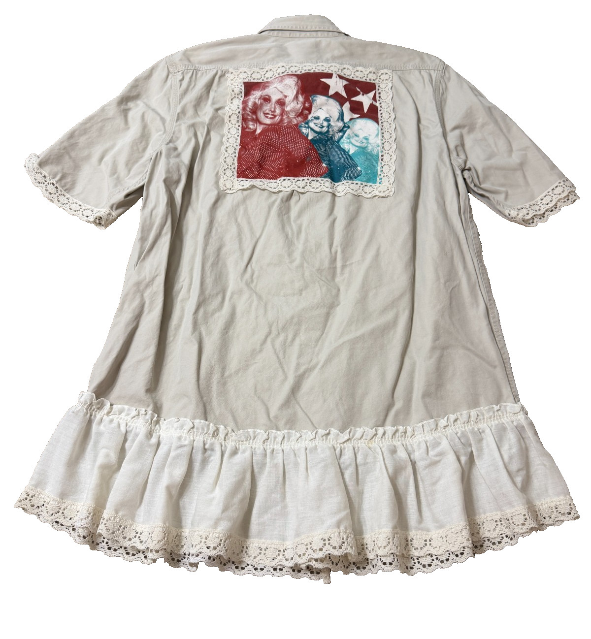 Dolly Parton Lace Ruffle Western Shirt Dress Women’s XL Upcycled Velvet Familiar