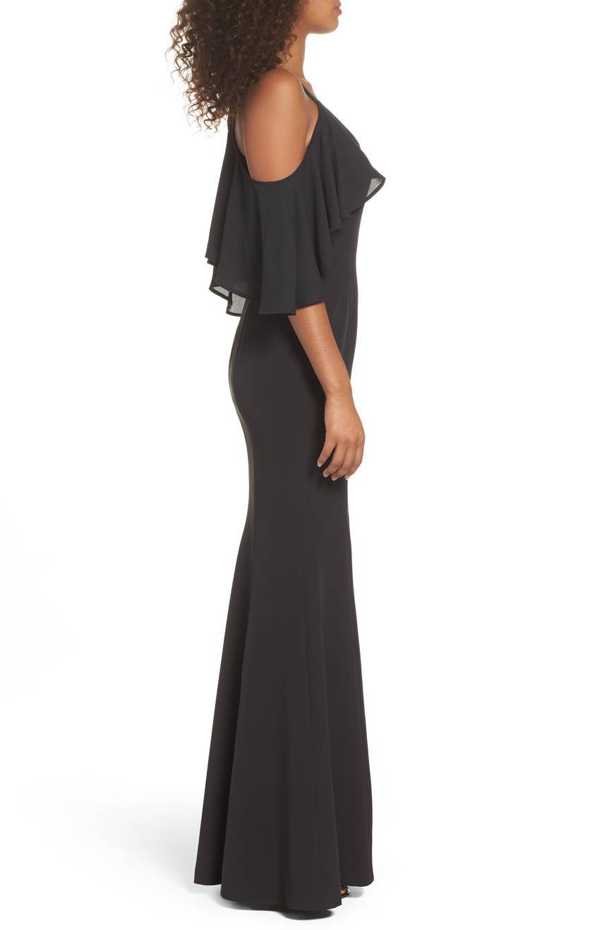 JAY GODFREY Black Flutter Chiffon Overlay Cold Shoulder Maxi Gown Dress 6 US S