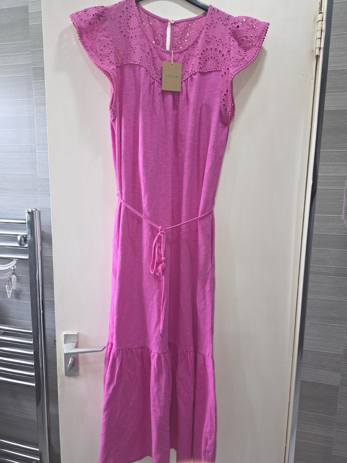 Boden Pink Cotton Eyelet Flutter Sleeve Round Neck Midi T-Shirt Dress 14R