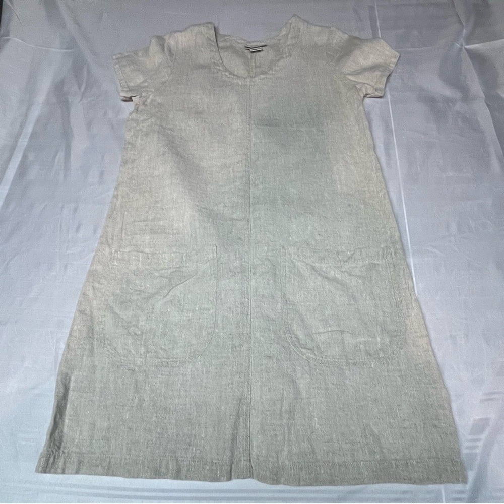 Sunbelt Beige Linen Shift Dress Summery Rustic Minimalist Medium Pockets Classy