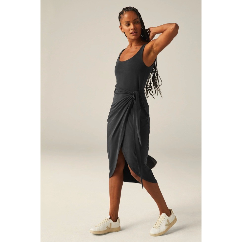 Beyond Yoga Black Scoop Neck Wrap Midi Dress NWT Sz Med Minimalist Travel Boho