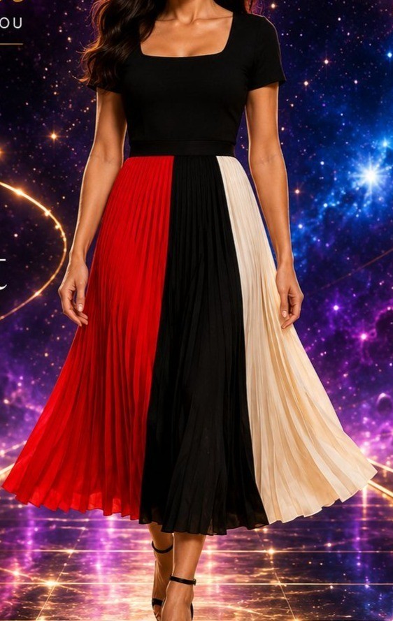 Karl Lagerfeld Paris Sz 2 Colorblock Pleated Midi Dress Square Neck NWT
