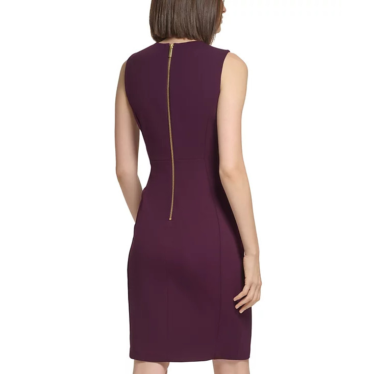 CALVIN KLEIN Seam Front Crew Neck Scuba Crepe Sleeveless Sheath Dress, 2 Purple