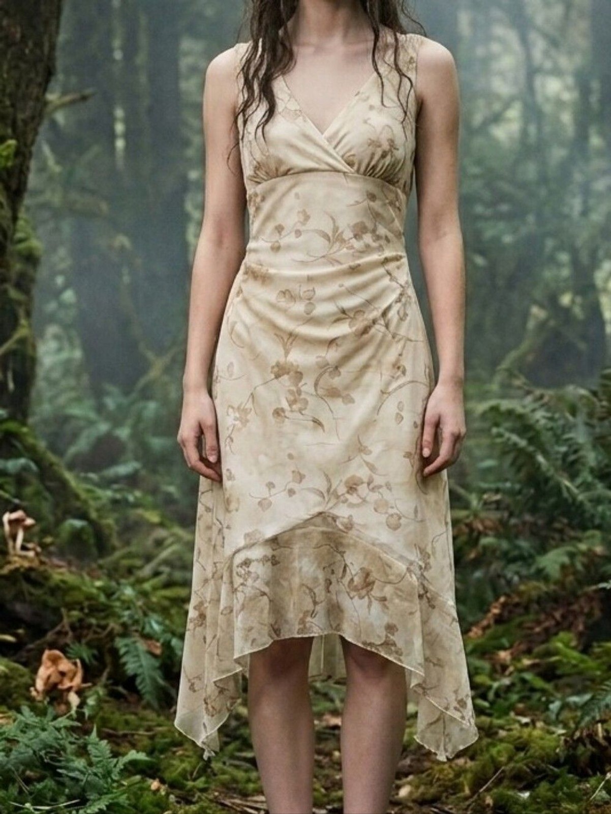 Charlotte Russe tan cream grunge fairy asymmetrical hem romantic dress size m