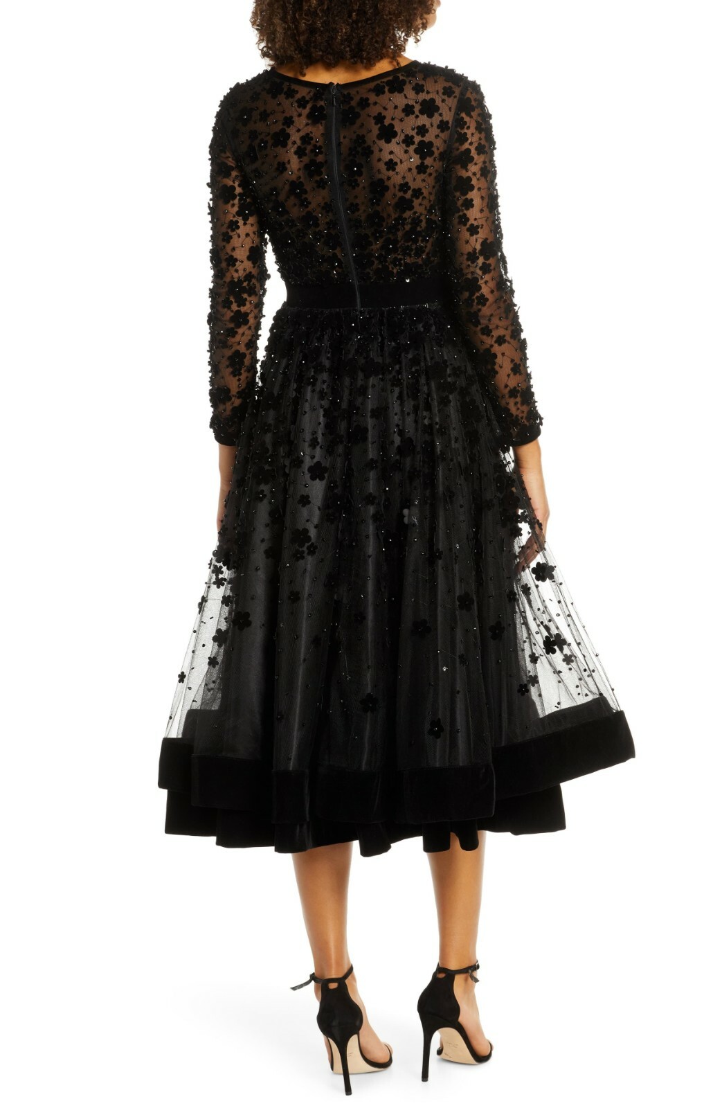 MAC DUGGAL 67007D Black Floral 3D Luxe Velvet Sheer Long Sleeve Tea Dress 10 US