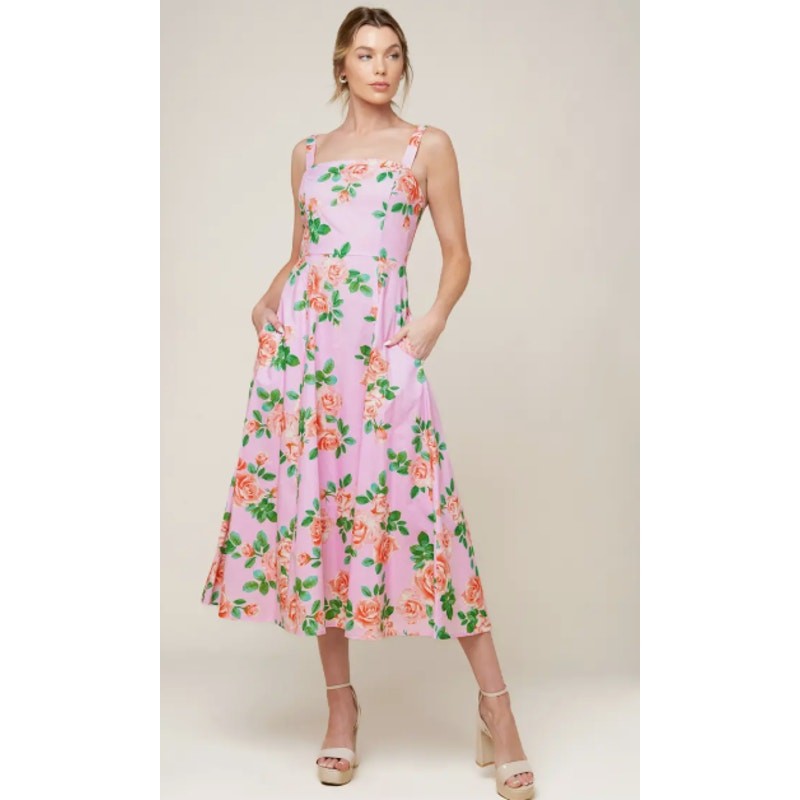 Flying Tomato Pink Rose Print A-Line Spaghetti Strap Midi Dress Size Medium