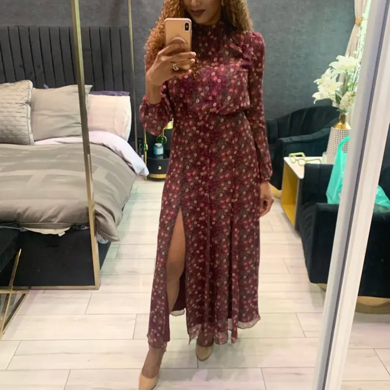 Saloni Floral Chiffon Maxi Dress SIZE 4 Silk High Neck Side Slit Designer $800