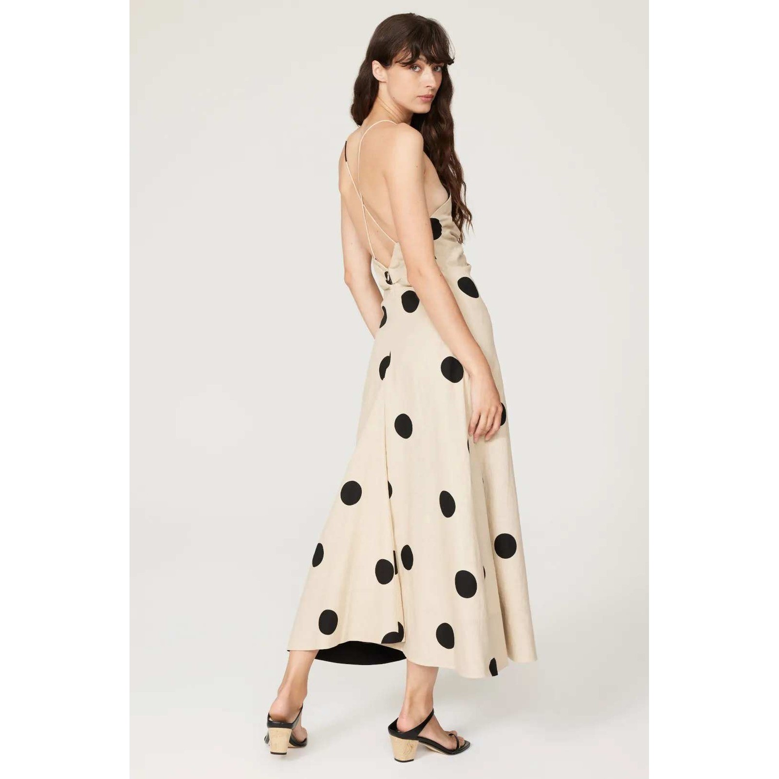 Tanya Taylor Meredith Dress Polka Dot Linen Ruched V Neck Cream Midi 4