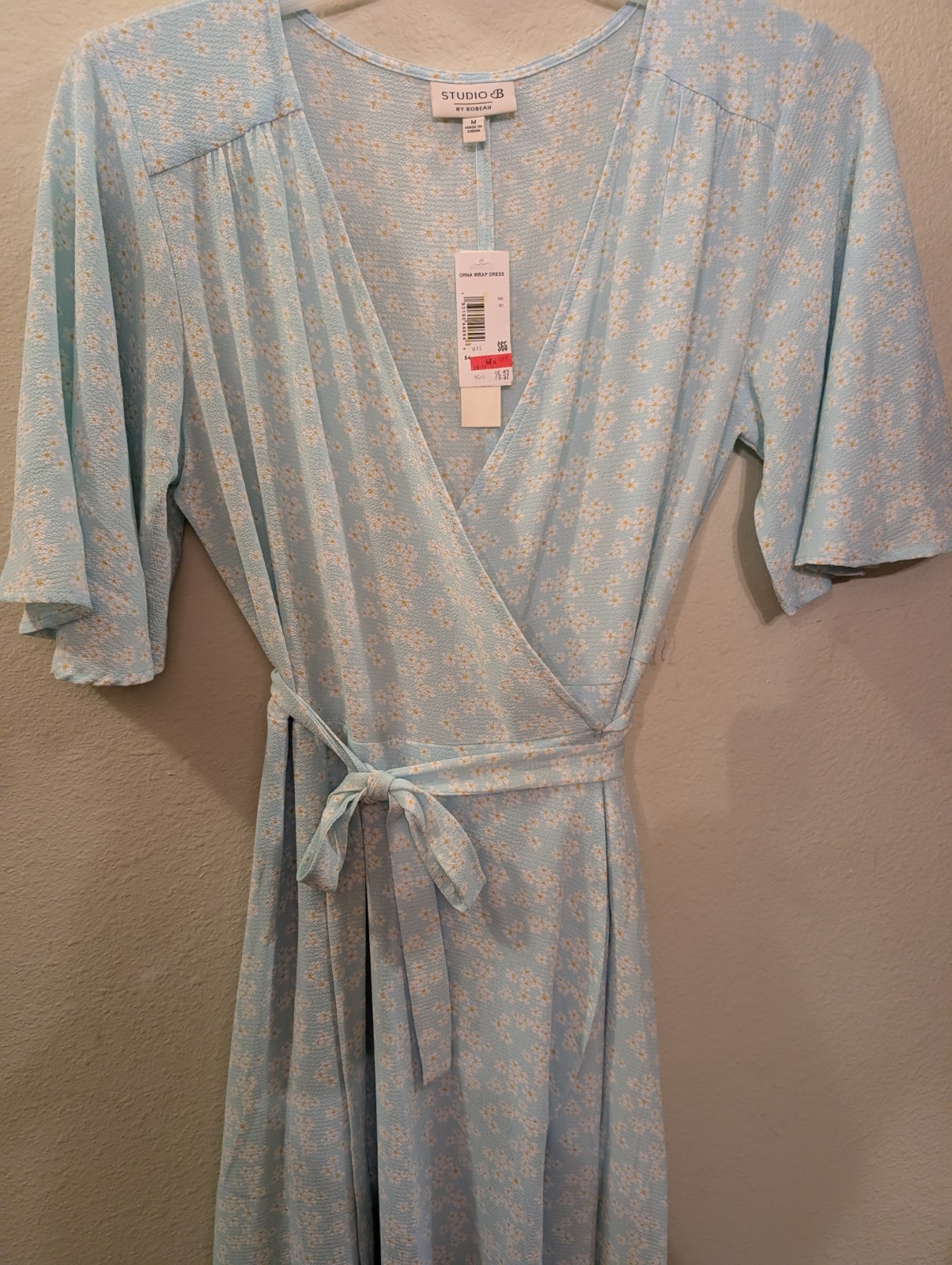 Studio M Wrap Around Dress Medium, NWT Polyester Blend, Front Flounce W/Belt