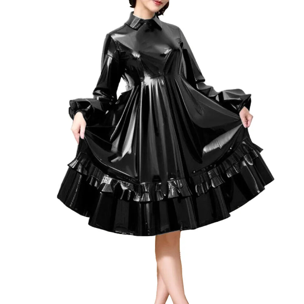 Women Puff Sleeve A-Line Pleated Midi Dress High Waist PVC Leather Lolita Dress