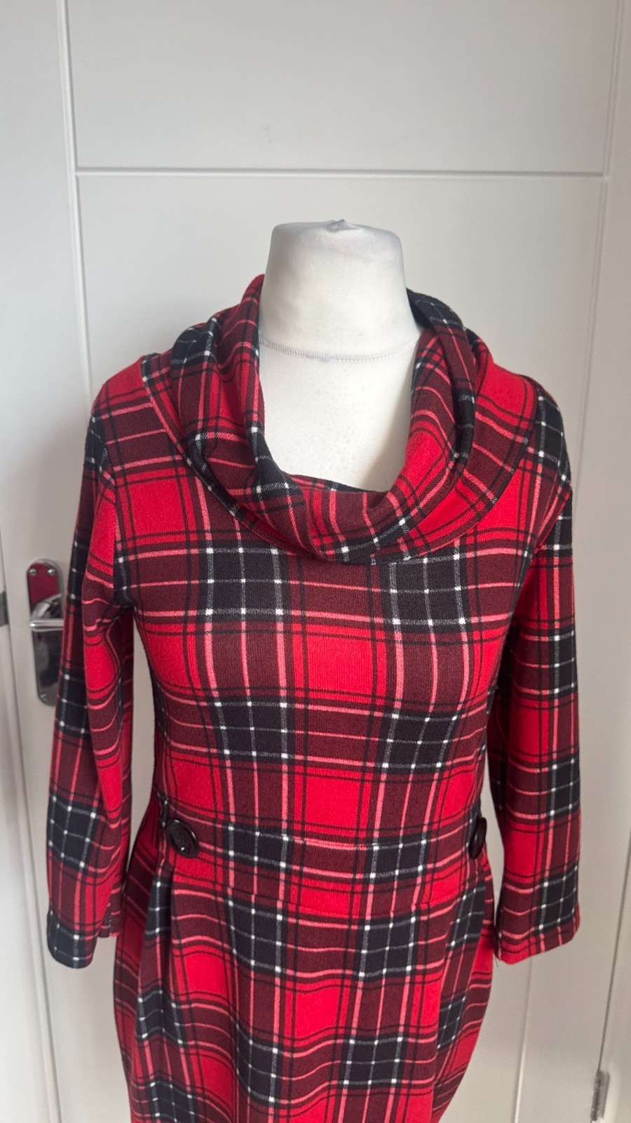 Apricot Red Black Tartan Check Cowl Neck Knit Jumper Dress M UK 12 B21