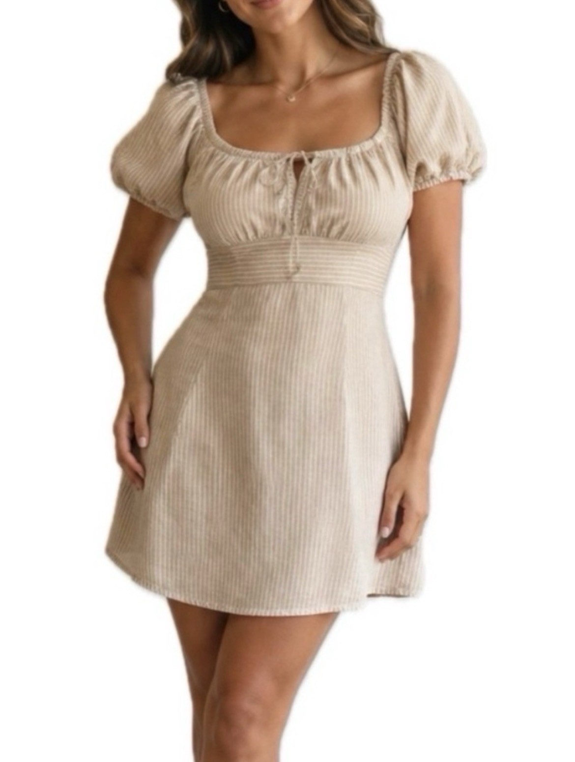 Abercrombie & Fitch Women’s S Beige White Striped Viscose Square Neck Puff Mini