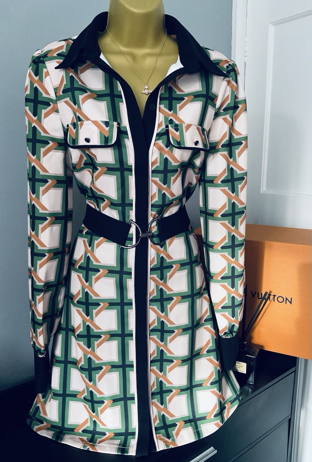 Pristine Karen Millen Twill Tie Border Print Woven Midi Shirt Dress Stunning 12