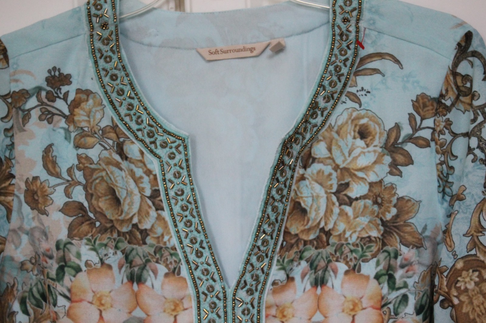 Soft Surroundings Blue Gold Floral Baroque Bead V-Neck Tier Maxi Dress M SUPERB!