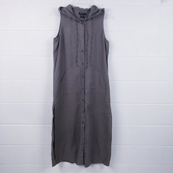 Finity 100% Linen Maxi Shirt Dress Sleeveless Hooded Pockets Brown Size 14