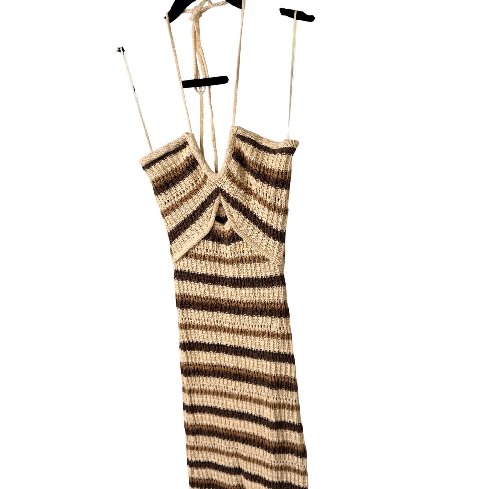 Et Clet Striped Crochet Knit Halter Neck Midi Dress Brown Beige Beach Coastal S