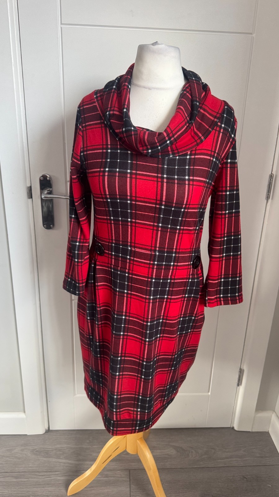 Apricot Red Black Tartan Check Cowl Neck Knit Jumper Dress M UK 12 B21