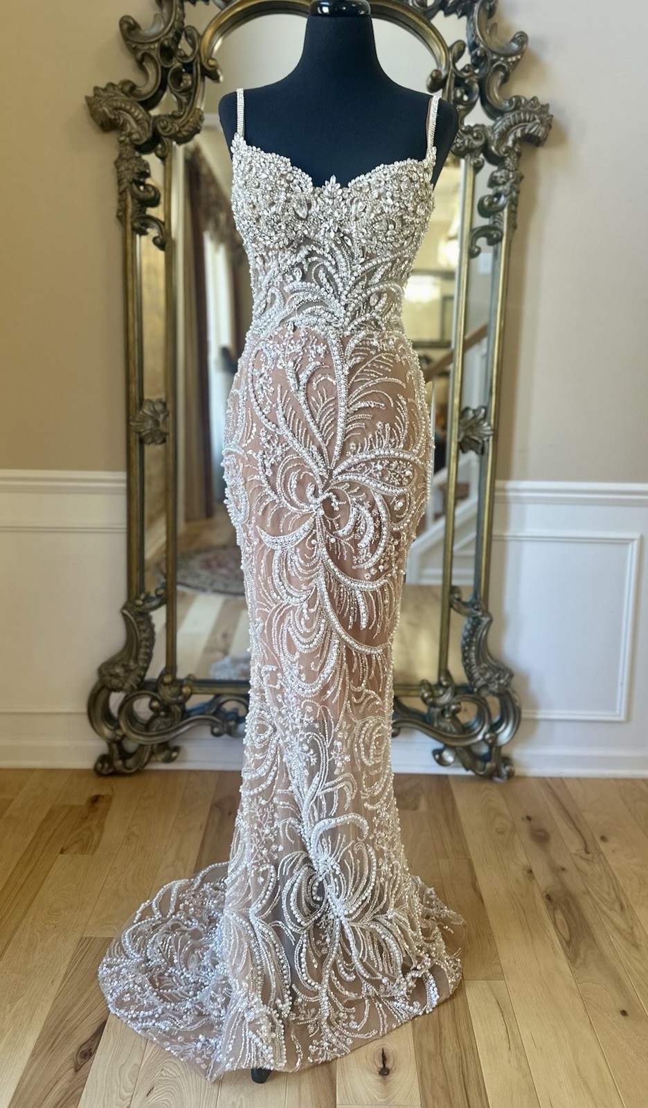 Crystal Beaded Engagement Bridal Sweetheart Neckline Custom Gown Beige Size 4-6