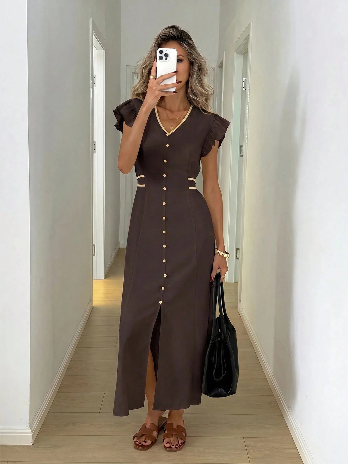 Elegant Ladies Dark Brown V Neck Maxi Dress